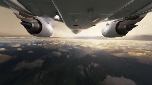 Commercial plane flying through clouds over the mountains