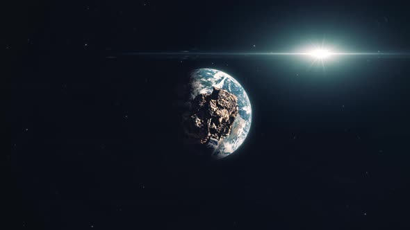 Asteroid Space Rock Approaching Planet Earth from Space