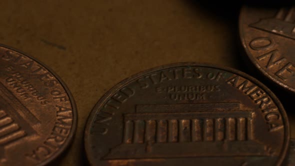 Rotating stock footage shot of American pennies (coin - $0.01) - MONEY 0174 alt
