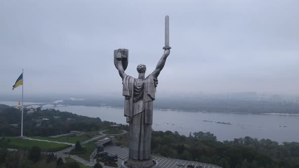 Symbol of Kyiv, Ukraine: Motherland Monument. Aerial View, Slow Motion. Kiev alt