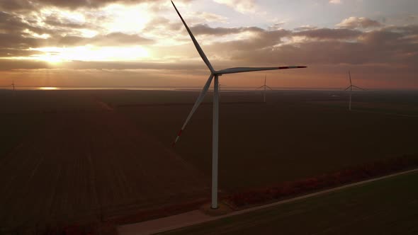 Wind Turbines with Big Blades Operate in Field After Sunset