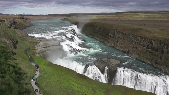 Top View Of Magical Waterfall Gullfoss Located In Canyon Of Hvita River, Iceland