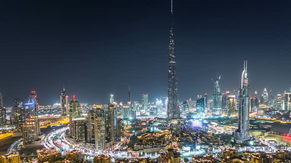 Dubai Downtown at Night Timelapse View From the Top in Dubai United Arab Emirates alt