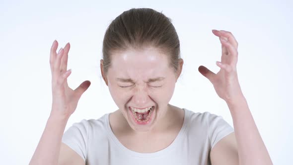 Screaming Upset Young Redhead Woman White Background alt
