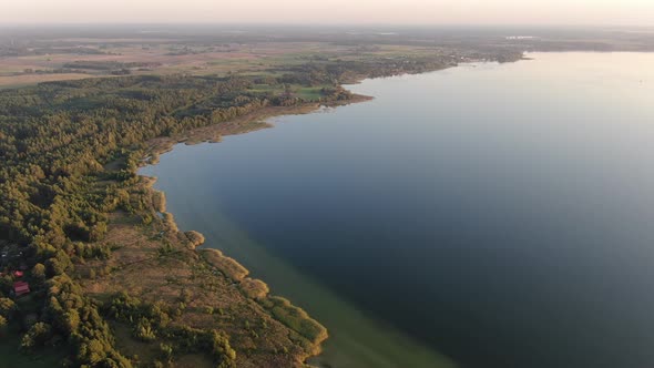 Aerial view of Sniardwy lake at sunset, Masurian Lake District, Poland, Europe alt