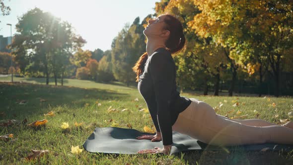 Girl Practices Upward and Downward Facing Dog Poses in City Park on a Yoga Mat
