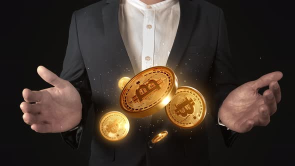 Business man use BTC bitcoin in the hands of a businessman concept