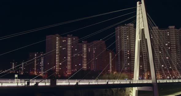 Aerial Night Pavshinsky Bridge with Pedestrians