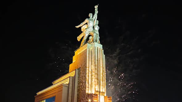 fireworks and soviet monument Rabochiy i Kolkhoznitsa, Moscow, Russia.Made of in 1937