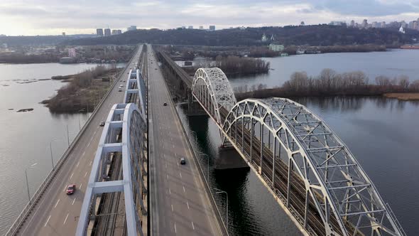 Aerial View of the Kyiv City, Ukraine, Dnieper River With Bridges, Darnitskiy Bridge