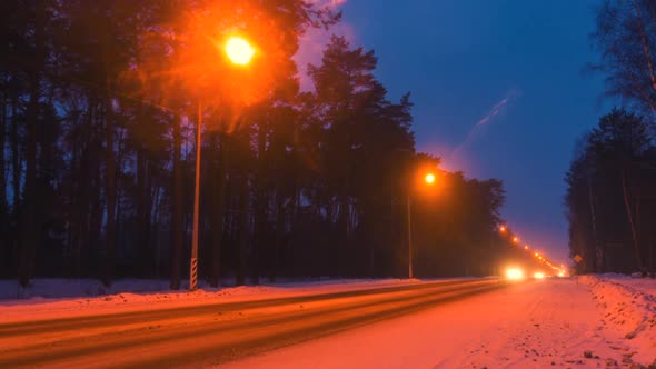 Winter Highway Road at Night. View on Night Highway, Speed Concept