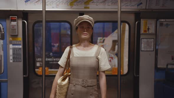 Young woman in a subway car alt