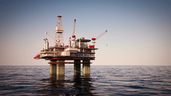 A landscape footage of the oil rig platform on the sea. Closeup animation. HD alt