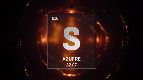 Sulfur as Element 16 of the Periodic Table on Orange Background in Spanish Language