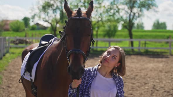 Girl Standing With Her Dark Bay Horse Holding Its Lead Rope  Love For Horses alt