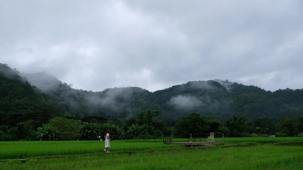 A young woman holding coffee cup and walking into the rice field with beautiful mountain views