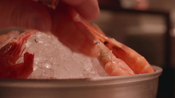 Man's and woman's fingers take shrimps lying on ice in a big plate