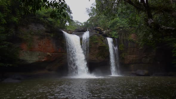 panning shot of Haew Suwat Waterfall in Khao Yai National Park, Thailand