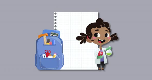 Notebook, school bag and girl wearing lab coat icons against grey background alt