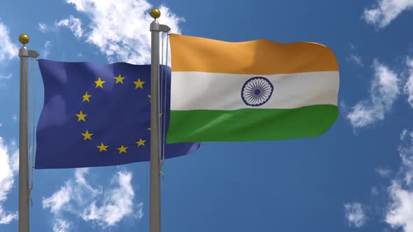 European Union Flag Vs India Flag On Flagpole alt