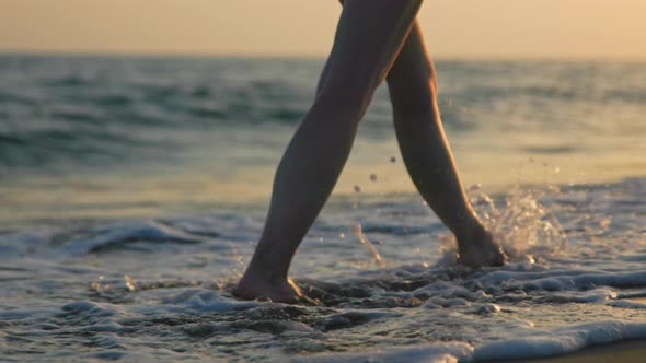 Beautiful female bare feet walking along the seashore at sunset alt
