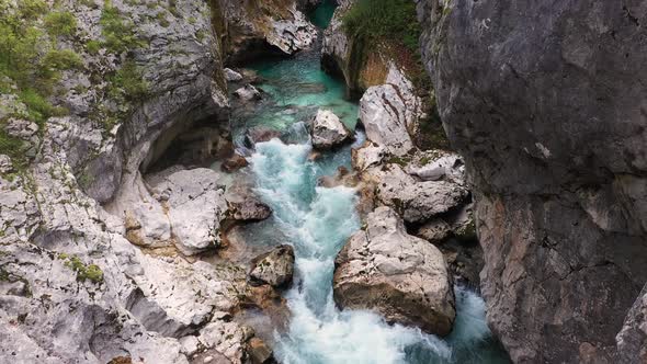 Aerial view on the Mountain River Soca in the Triglav National Park at the Slovenia