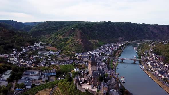 Aerial View of Cochem Castle and Moselle River. Germany in the Summer