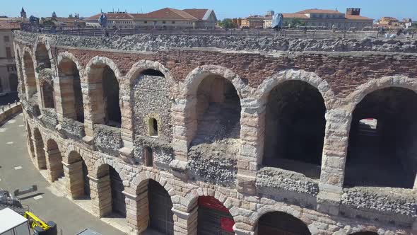 Aerial View Of Arena Di Verona, Italy. The video is made of a drone that rises from behind a wall alt