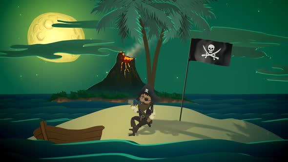 The drinking pirate with the mustache and a hat in front of active volcano. alt