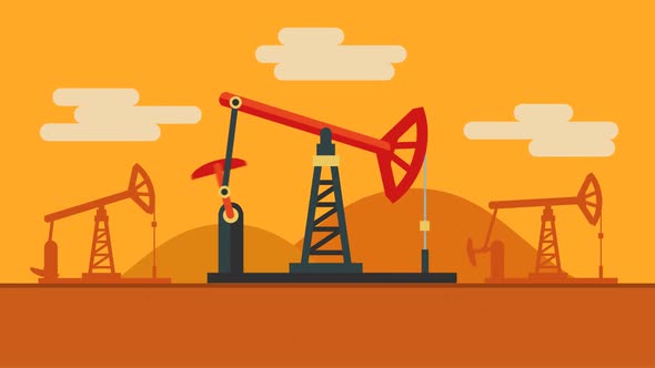 Silhouettes of oil rig pump jacks working on a desert. Colorful cartoon scheme. alt