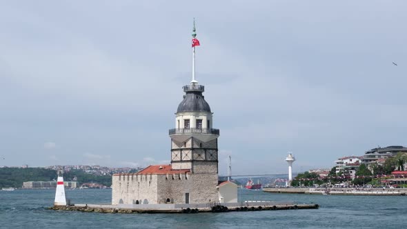 Historical Maiden's Towers and Bosphorus Bridge at Istanbul in Slow Motion