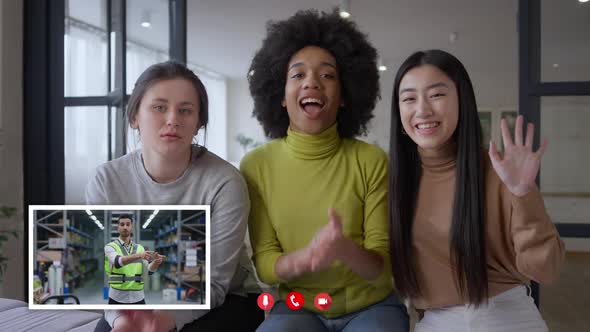 Multiethnic Women Waving in Video Chat to Middle Eastern Man Talking in Web Conference Screen From alt