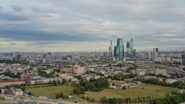 Aerial Drone Pan Shot of City Area Near Moscow City