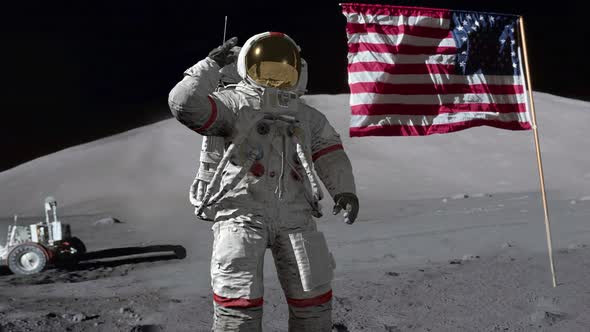 Astronaut saluting the American flag. 3d rendering.
