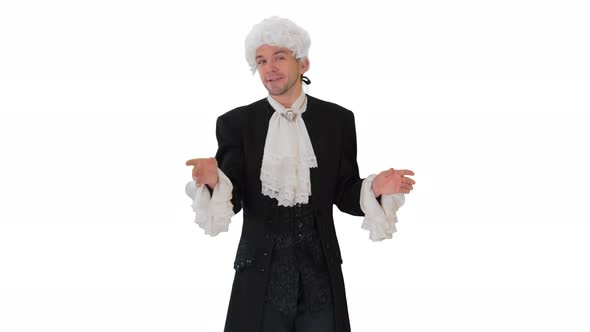 Man in Oldfashioned Frock Coat and White Wig Talking and Waiving with His Hands Theatrically Looking alt