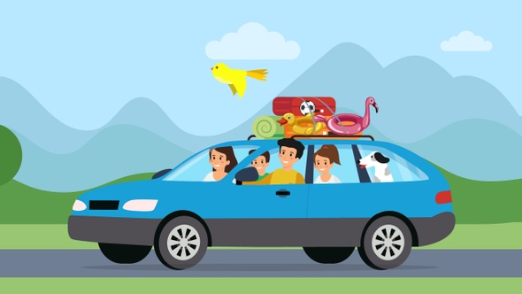Happy Family Travelling for the Summer Vacation in Car - Cartoon Animations