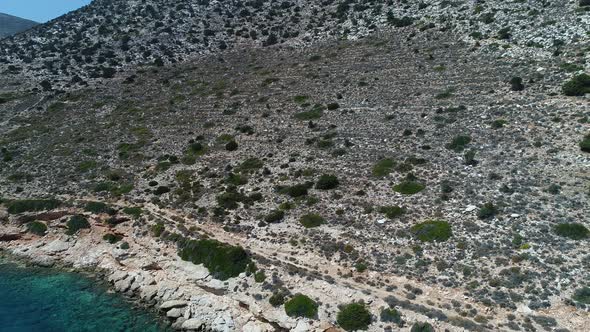 Mylopotas on the island of Ios in the Cyclades in Greece seen from the sky alt