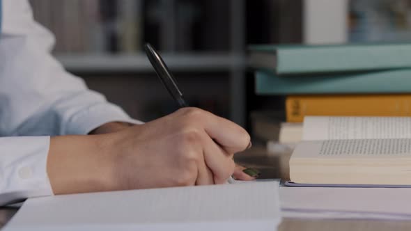 Closeup Female Hands Unrecognizable Woman Student Teacher Sitting in University Library Preparing alt