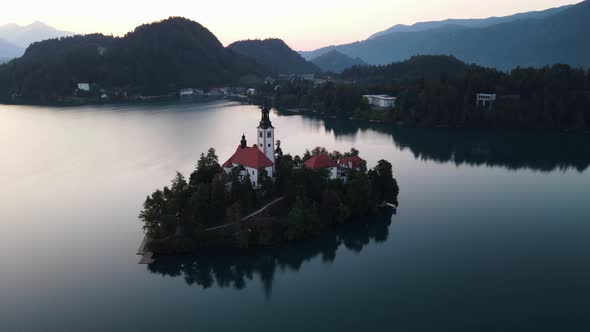 Aerial view of Bled Lake in Slovenia. alt