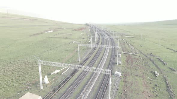 Aerial view of empty Railway lines in Samtskhe-Javakheti region of Georgia. alt