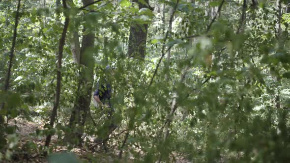 Wide Shot Side View of Young Man Walking with Backpack and Wooden Stick in Sunny Summer Forest alt