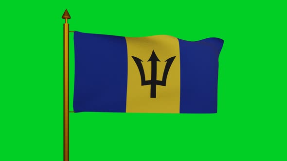 National flag of Barbados waving with flagpole on chroma key, The Broken Trident or Barbados flag alt