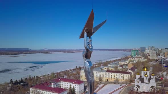 Monument of Glory in Samara City Aerial View at Sunny Weather