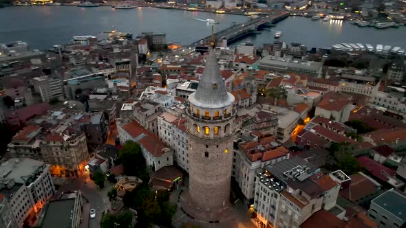 Aerial view of Galata Tower and Golden Horn. Istanbul Historical Landscape. 