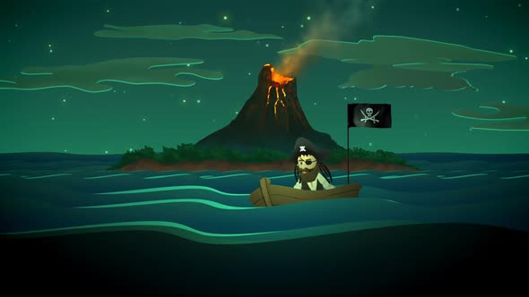 A pirate boat in front of an active volcano island in the middle of the ocean.