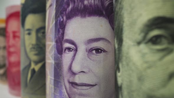 Foreign currency money exchange concept. Many banknotes of different nations. alt