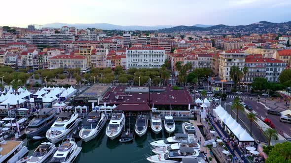 Flight over the city center and the coast. France, Cannes