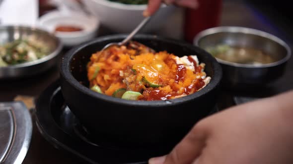 Korean food, Korean rice dish Bibimbap Korean mixed rice in a hot stone pot