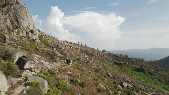 Exploring trekking trails of Peneda-Gerês National Park. Beauty in nature. Aerial forward