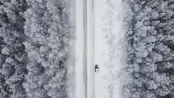 Aerial Top View From Drone Birds Eye View of Winter Landscape and Snowy Ice Road Car Moving on Area